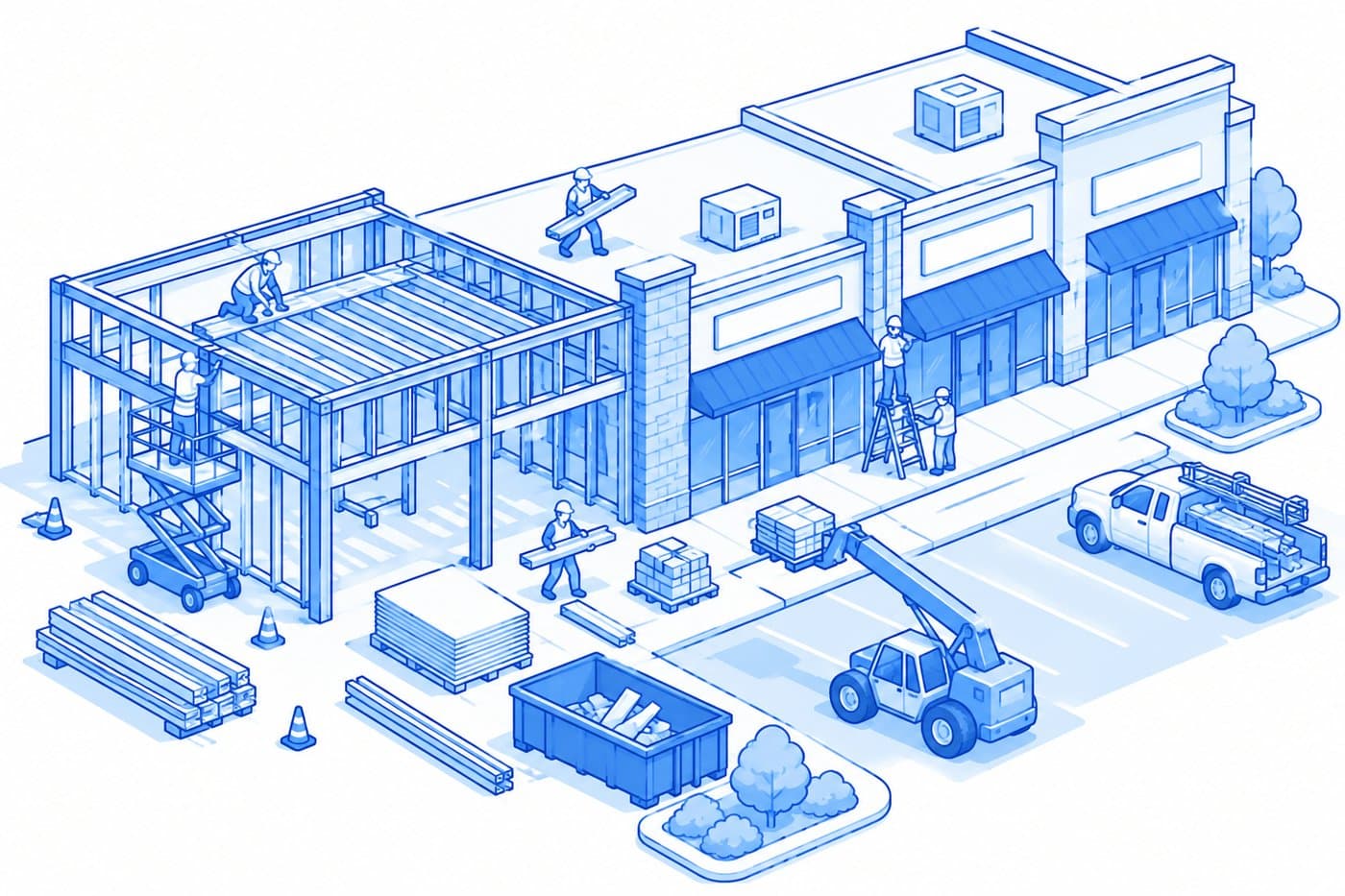 Illustration of a crew framing a new storefront